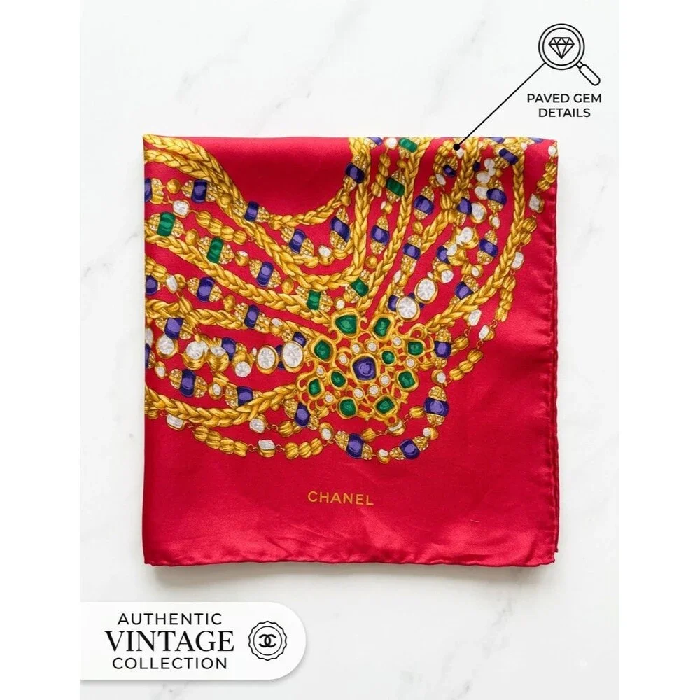 Vintage Chanel Silk Square Scarf Red Gold Chain Jewels Gripoix Pearl Motif Large